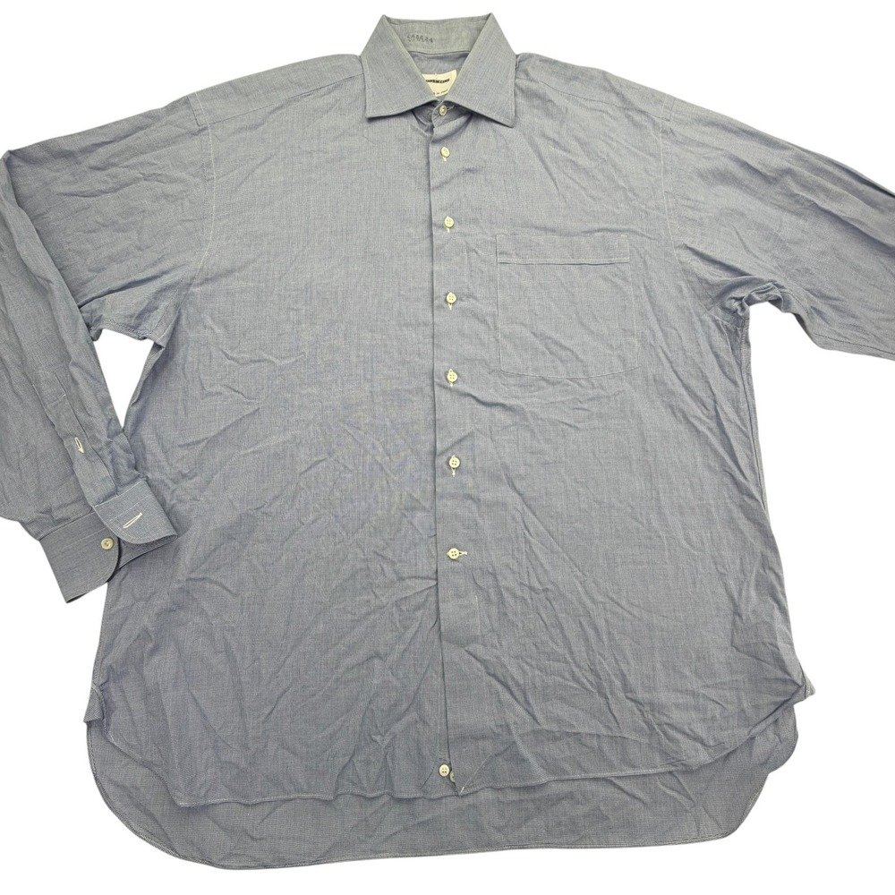 LORENZINI Dress Shirt Mens 17 Blue Long Sleeve Spread Collar Houndstooth Italy